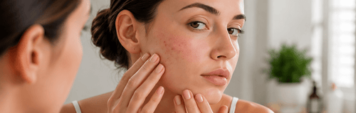 Person examining a skin rash in the mirror 