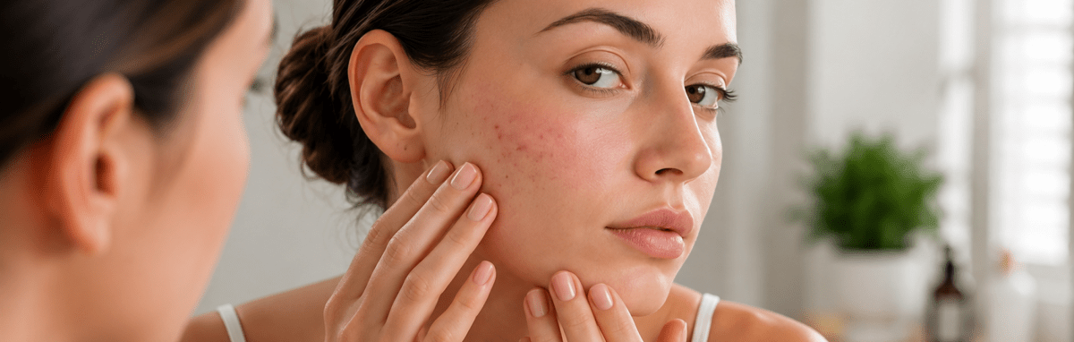 Person examining a skin rash in the mirror 